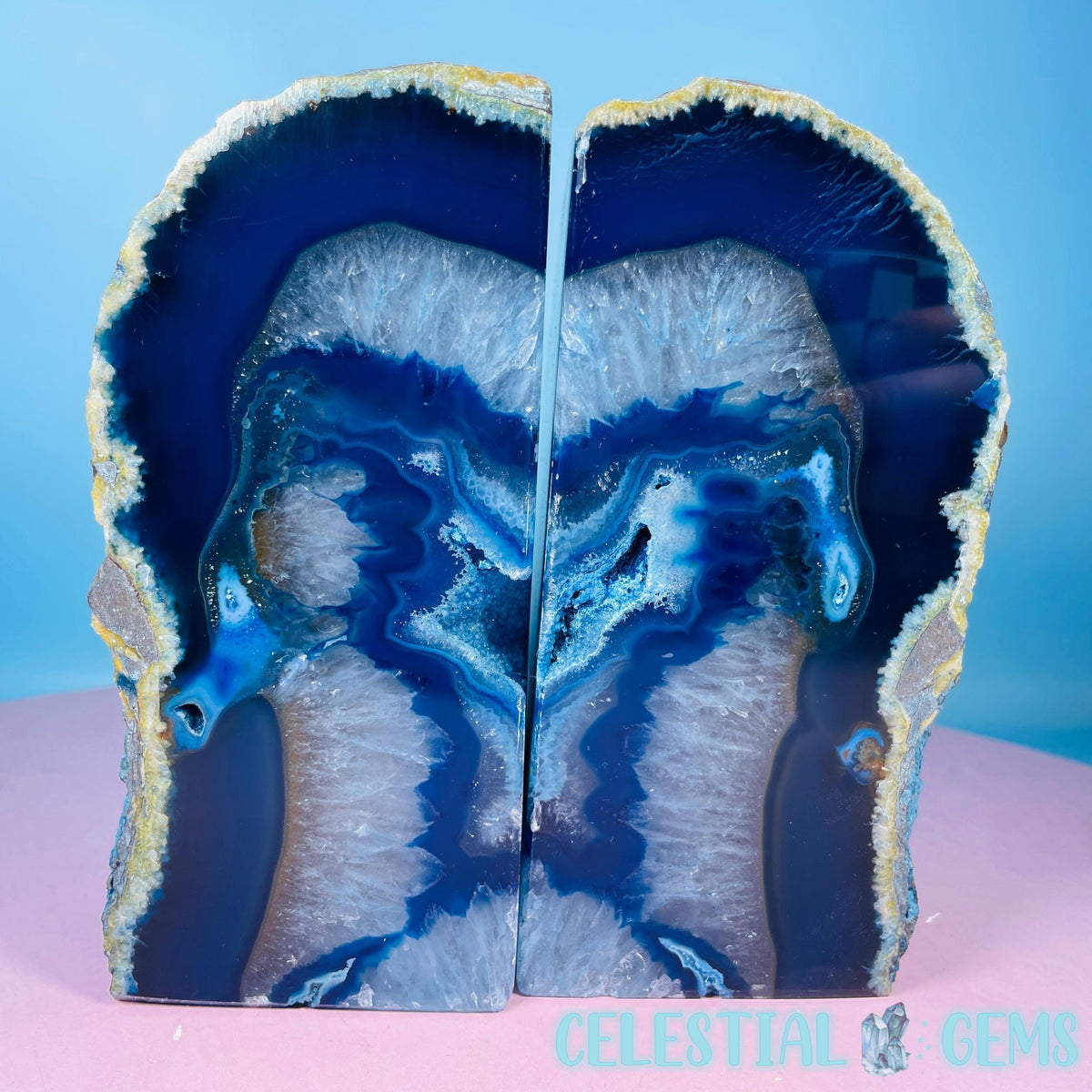 Blue Dyed Druzy Agate Large Pair of Bookends