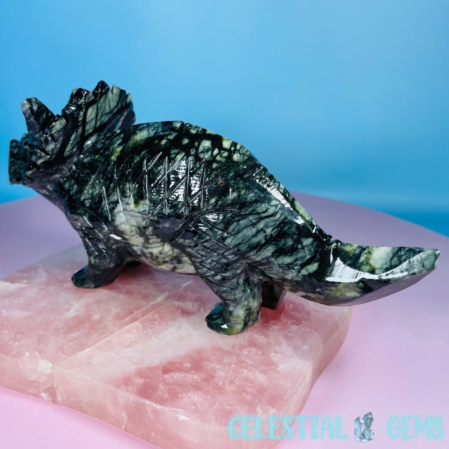 Dark Green Jade Triceratops Dinosaur Large Carving