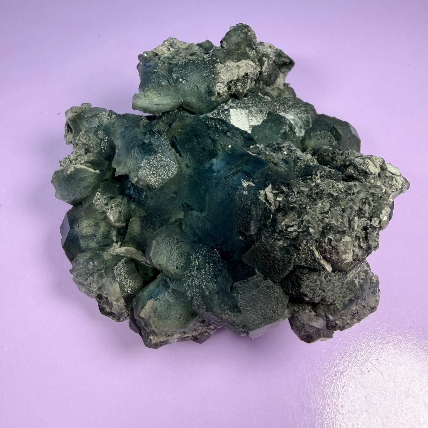 Octahedral Blue-Green Fluorite + Black Chalcedony Cluster Specimen, Fujian, China