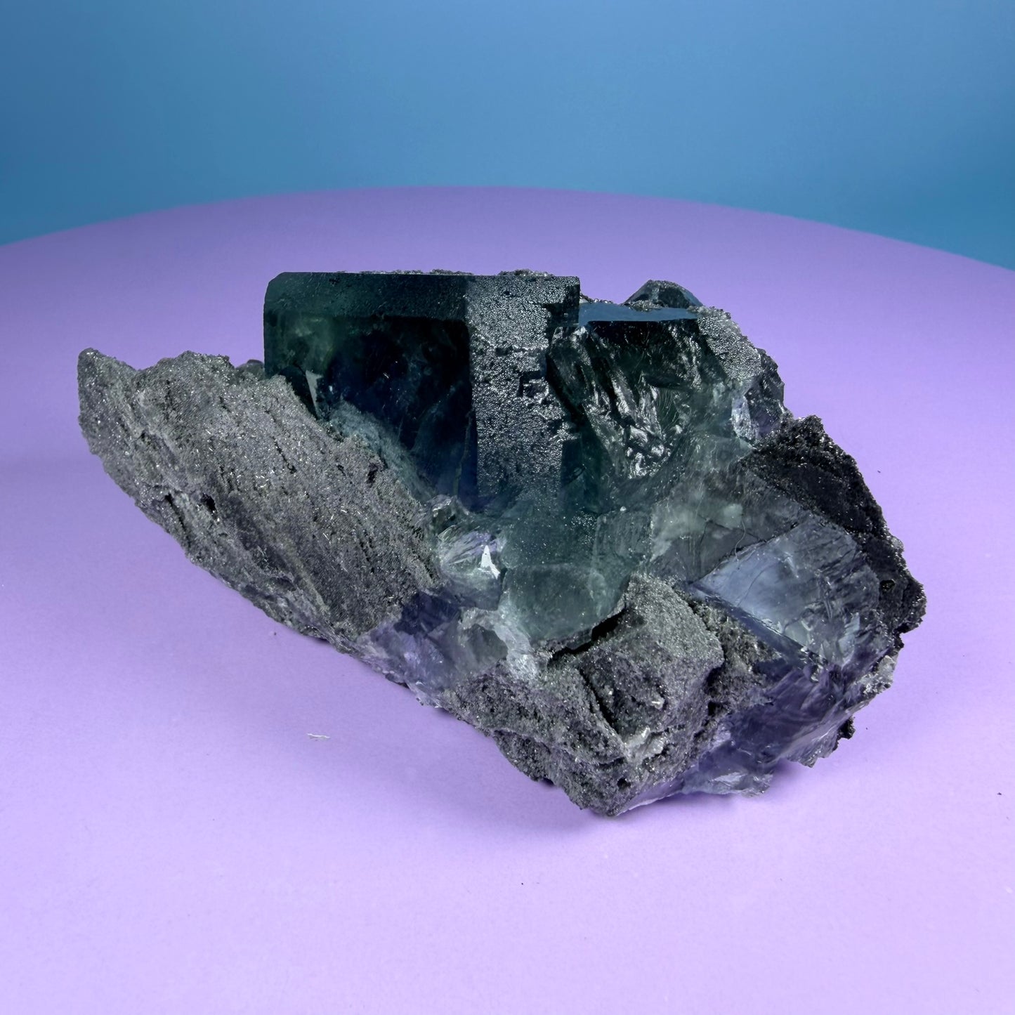 Octahedral Blue-Green Fluorite + Black Chalcedony Cluster Specimen, Fujian, China