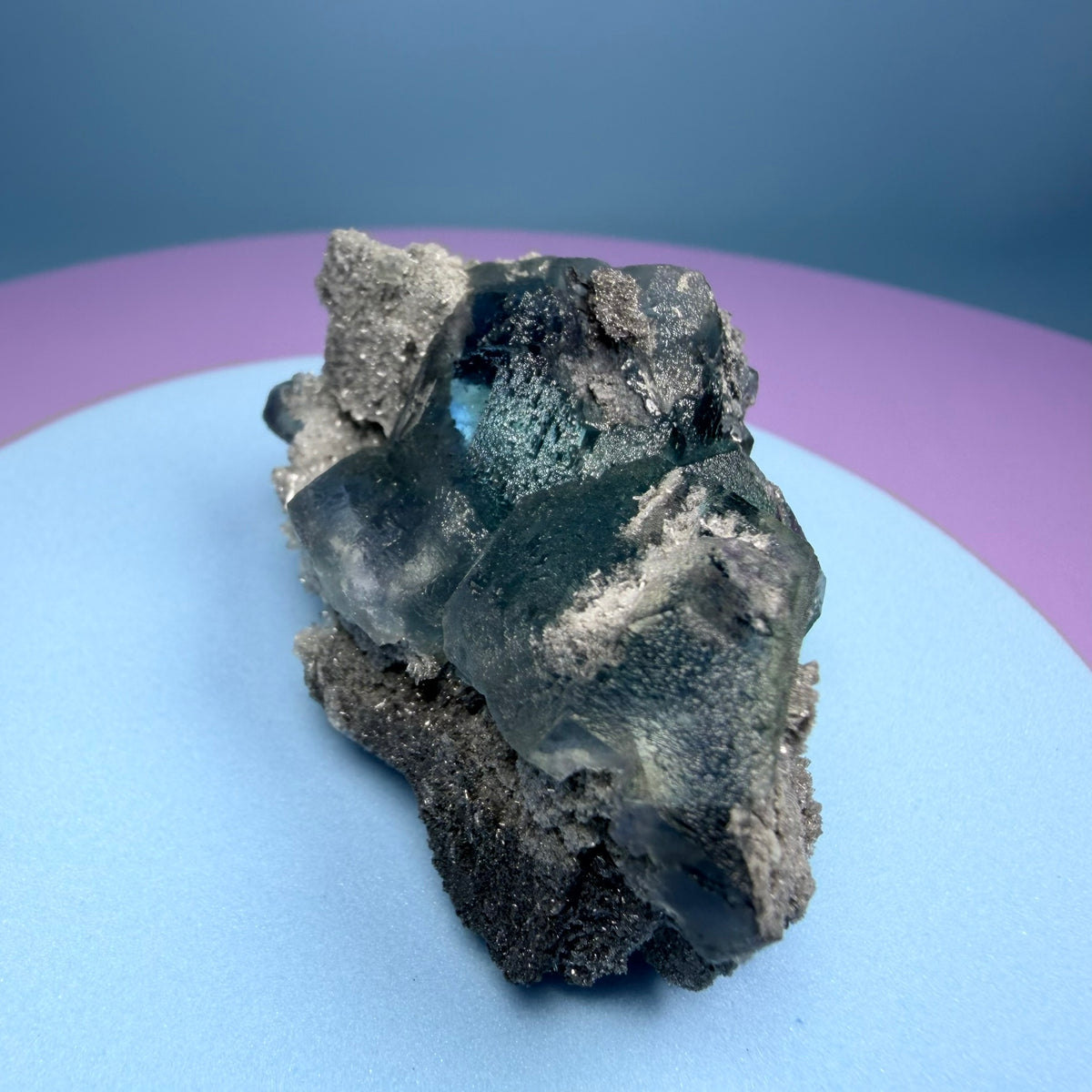 Octahedral Blue-Green Fluorite + Black Chalcedony Cluster Specimen, Fujian, China