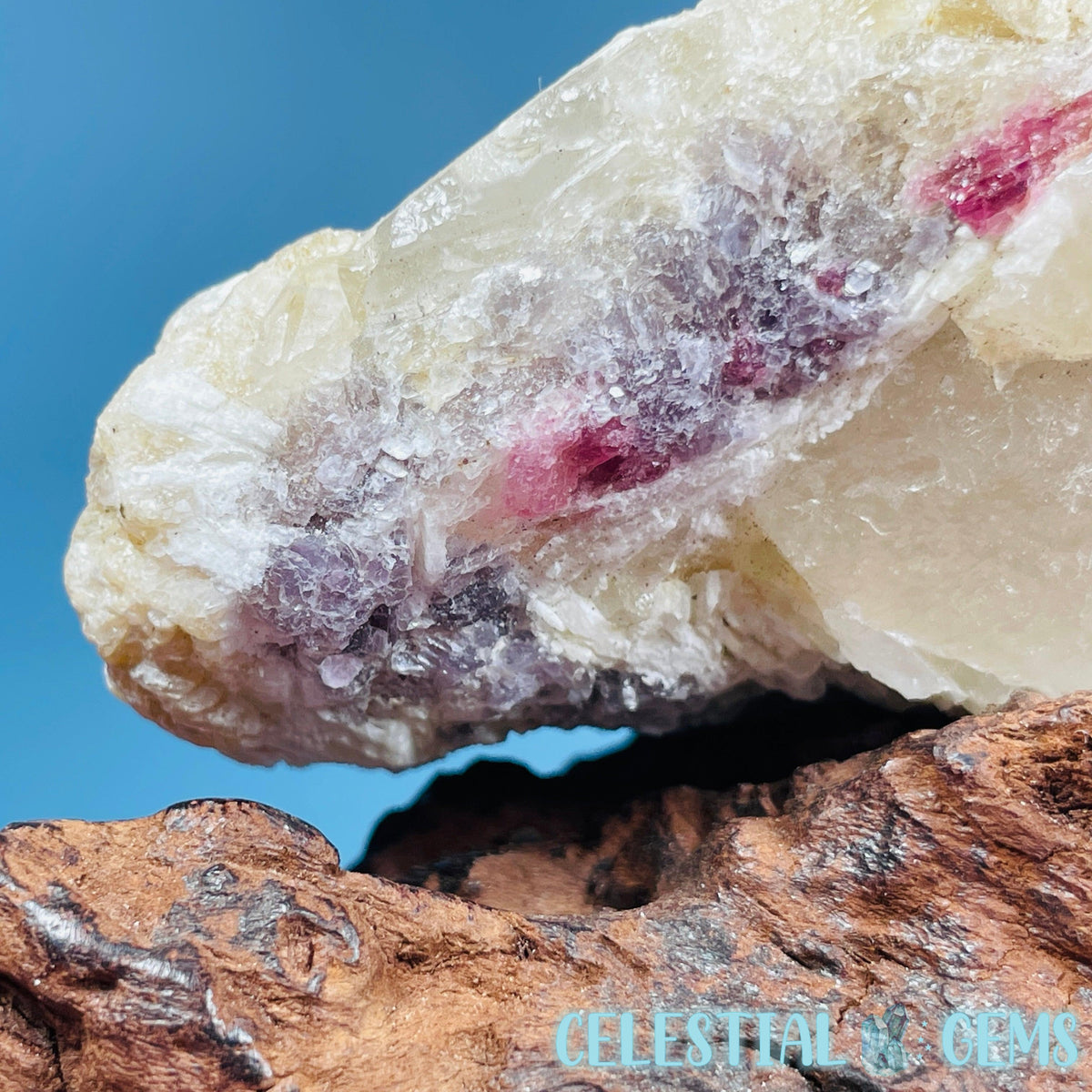 Pink Tourmaline in Quartz with Albite, Lepidolite + Muscovite Rosettes Small Raw Cluster Specimen