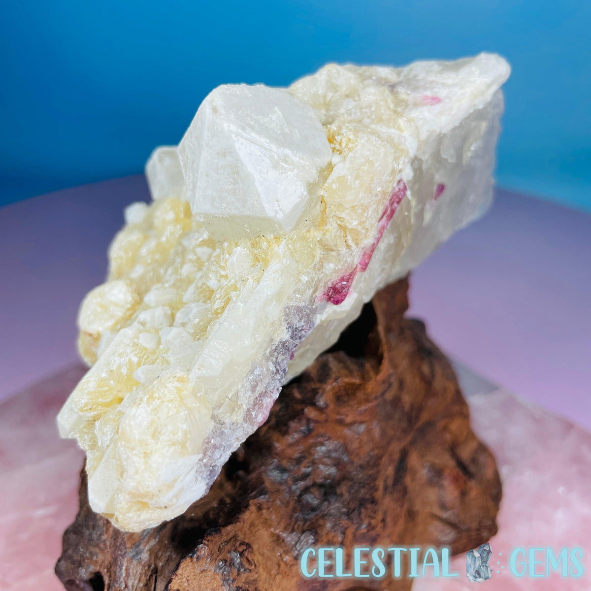 Pink Tourmaline in Quartz with Albite, Lepidolite + Muscovite Rosettes Small Raw Cluster Specimen