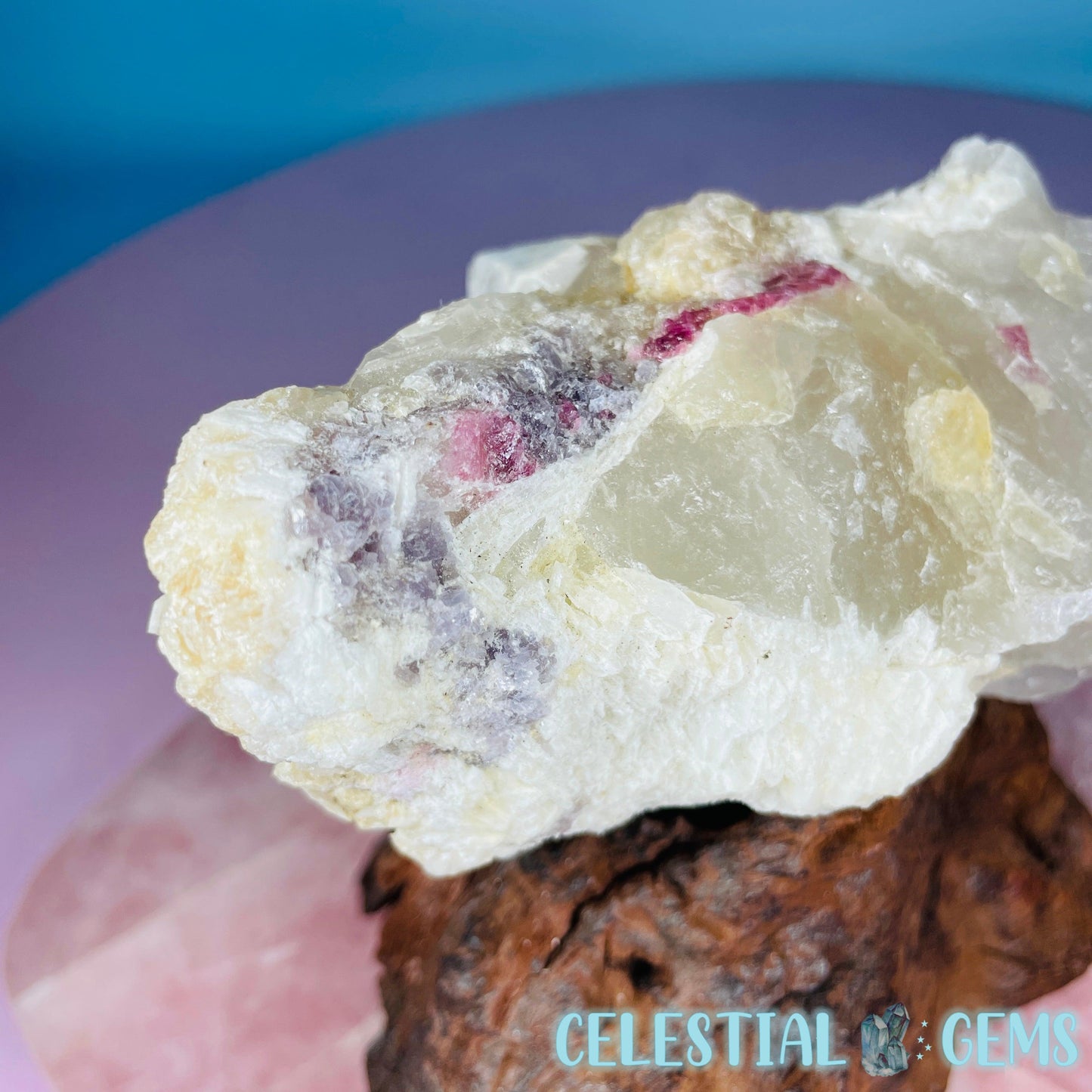 Pink Tourmaline in Quartz with Albite, Lepidolite + Muscovite Rosettes Small Raw Cluster Specimen