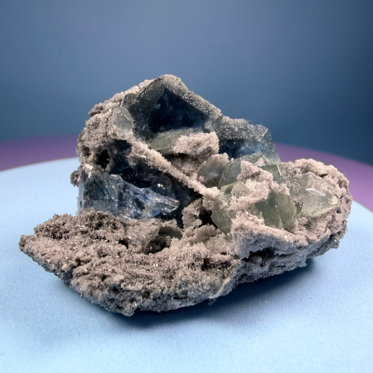 Octahedral Blue-Green Fluorite + Black Chalcedony Cluster Specimen, Fujian, China
