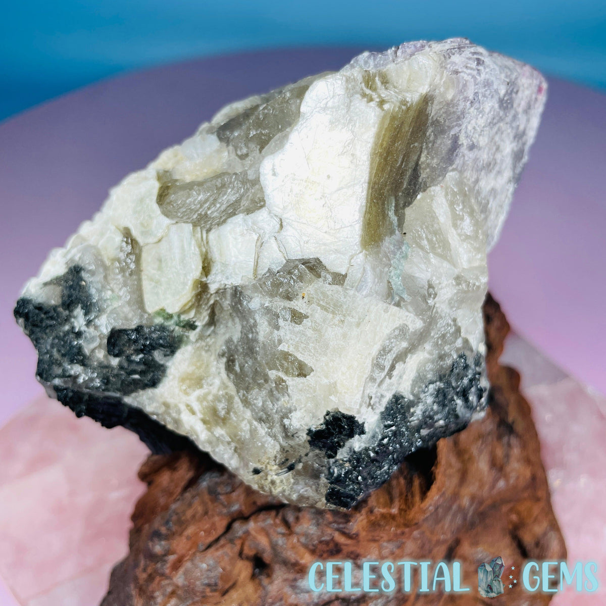 Pink + Black Tourmaline in Smoky Quartz with Lepidolite + Muscovite Raw Medium Chunk Specimen