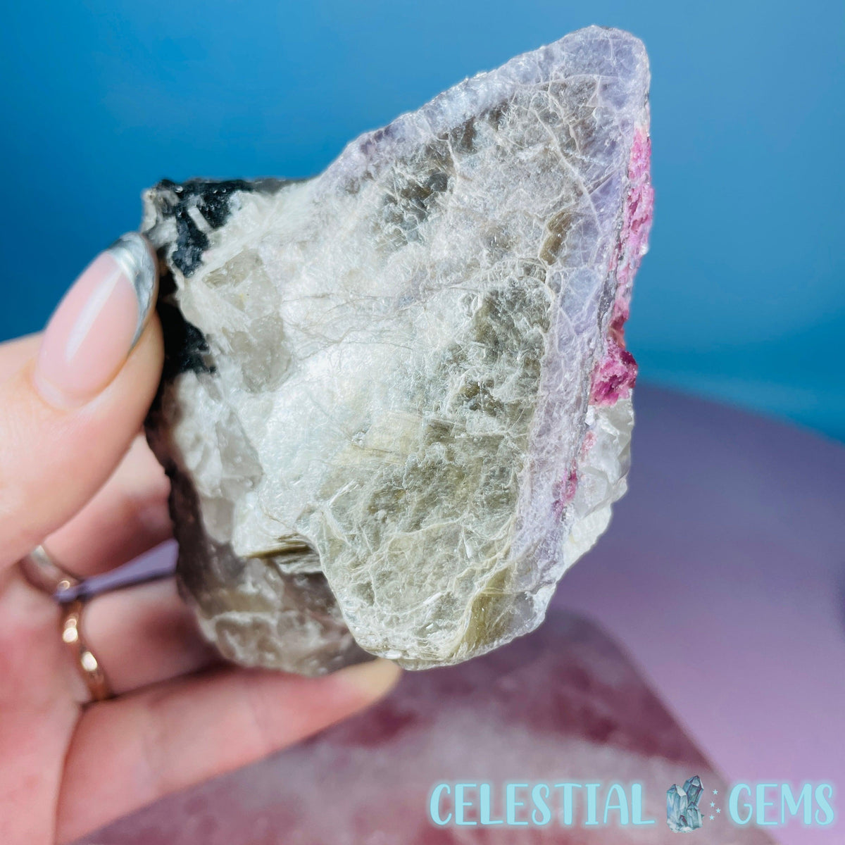 Pink + Black Tourmaline in Smoky Quartz with Lepidolite + Muscovite Raw Medium Chunk Specimen