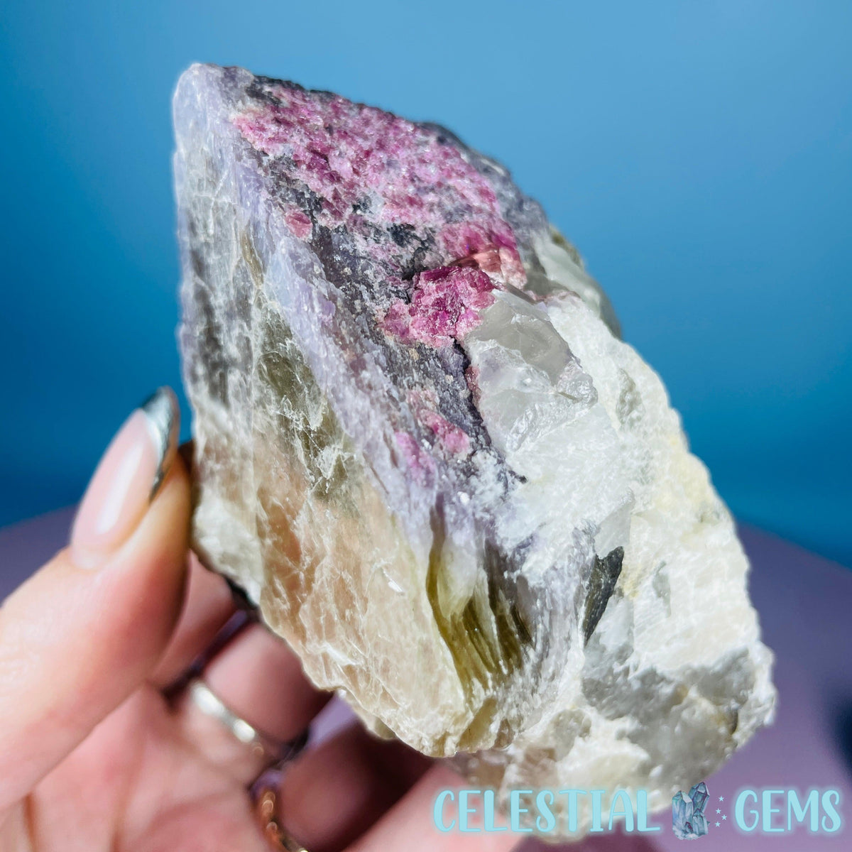 Pink + Black Tourmaline in Smoky Quartz with Lepidolite + Muscovite Raw Medium Chunk Specimen