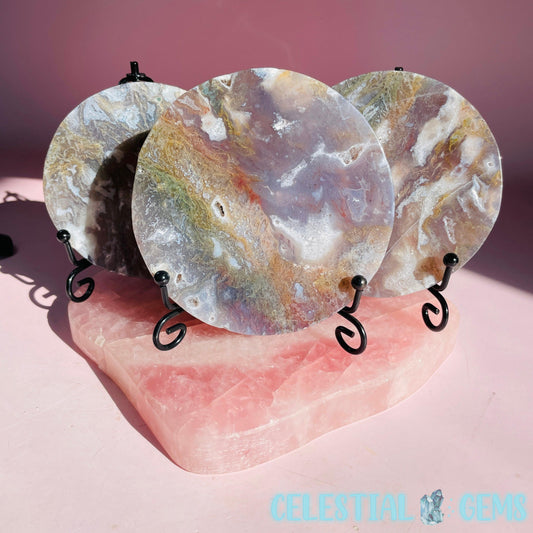 Moss Agate Flat Polished Circle On Metal Stand