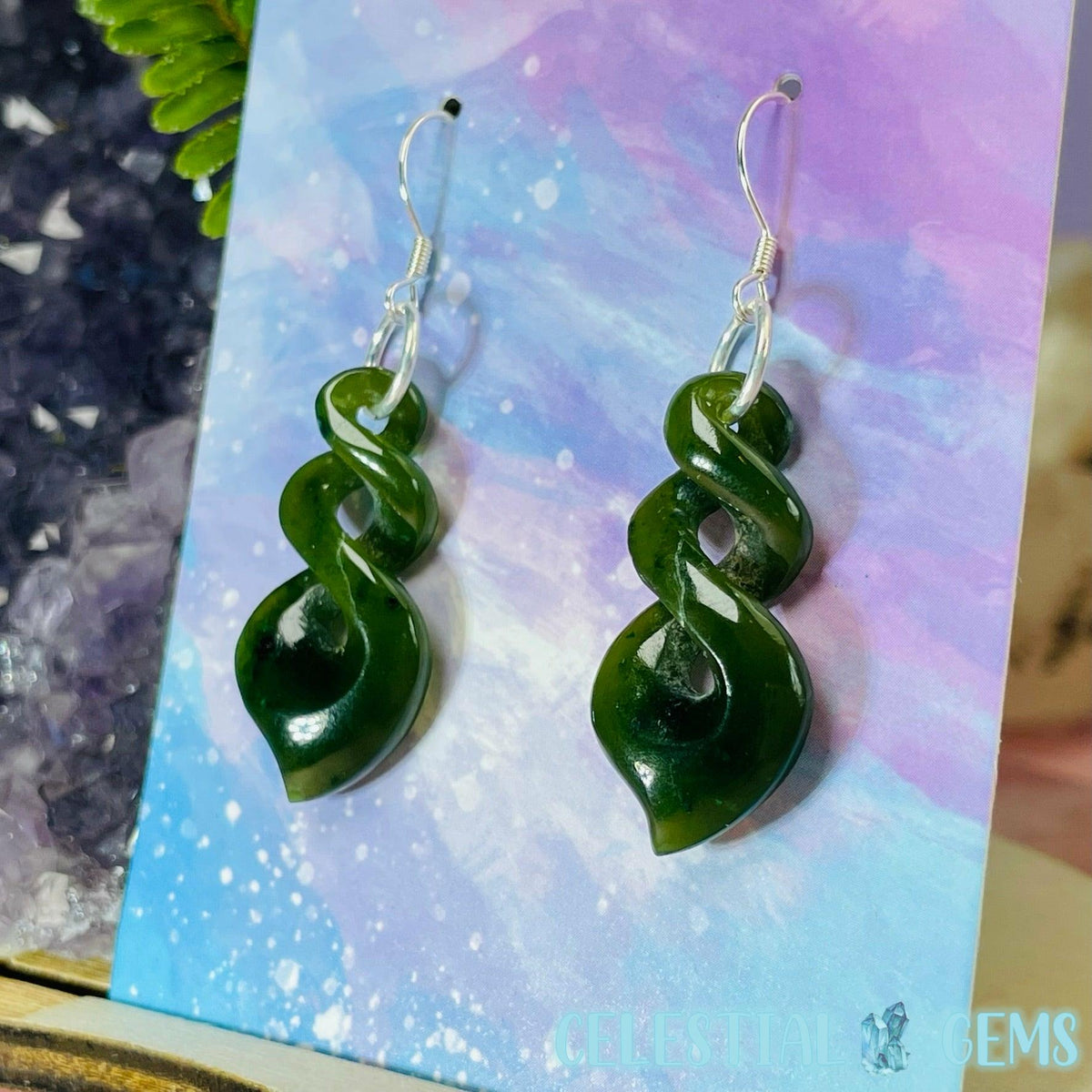 Canadian Jade (Nephrite) Pikorua (Large Triple Twist) 925 Silver Earrings