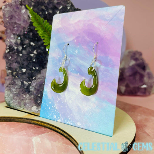 Canadian Jade (Nephrite) Hei Matau (Hook) 925 Silver Earrings