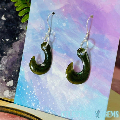 Canadian Jade (Nephrite) Hei Matau (Hook) 925 Silver Earrings