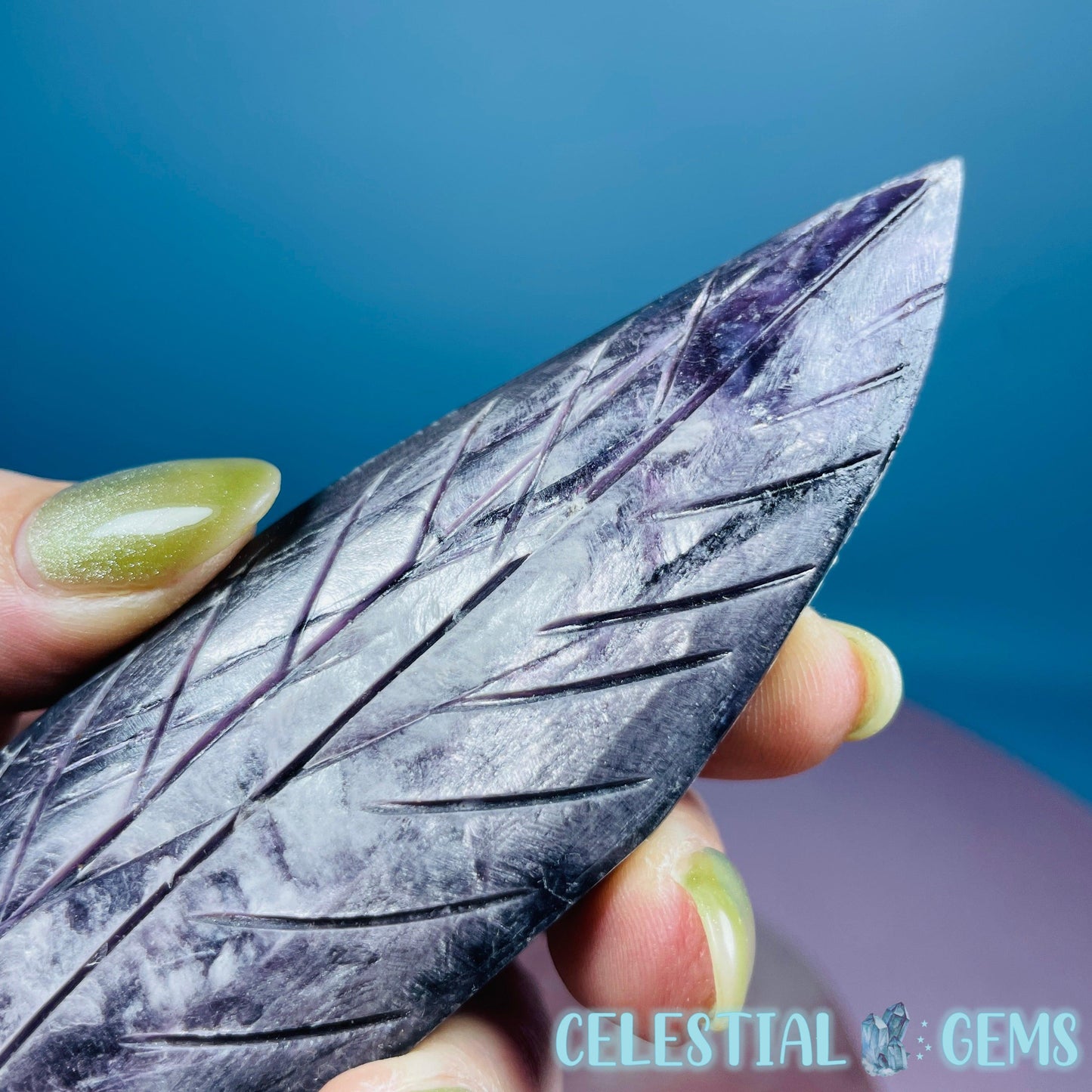 Gem Lepidolite Mica Flashy Feather Carving