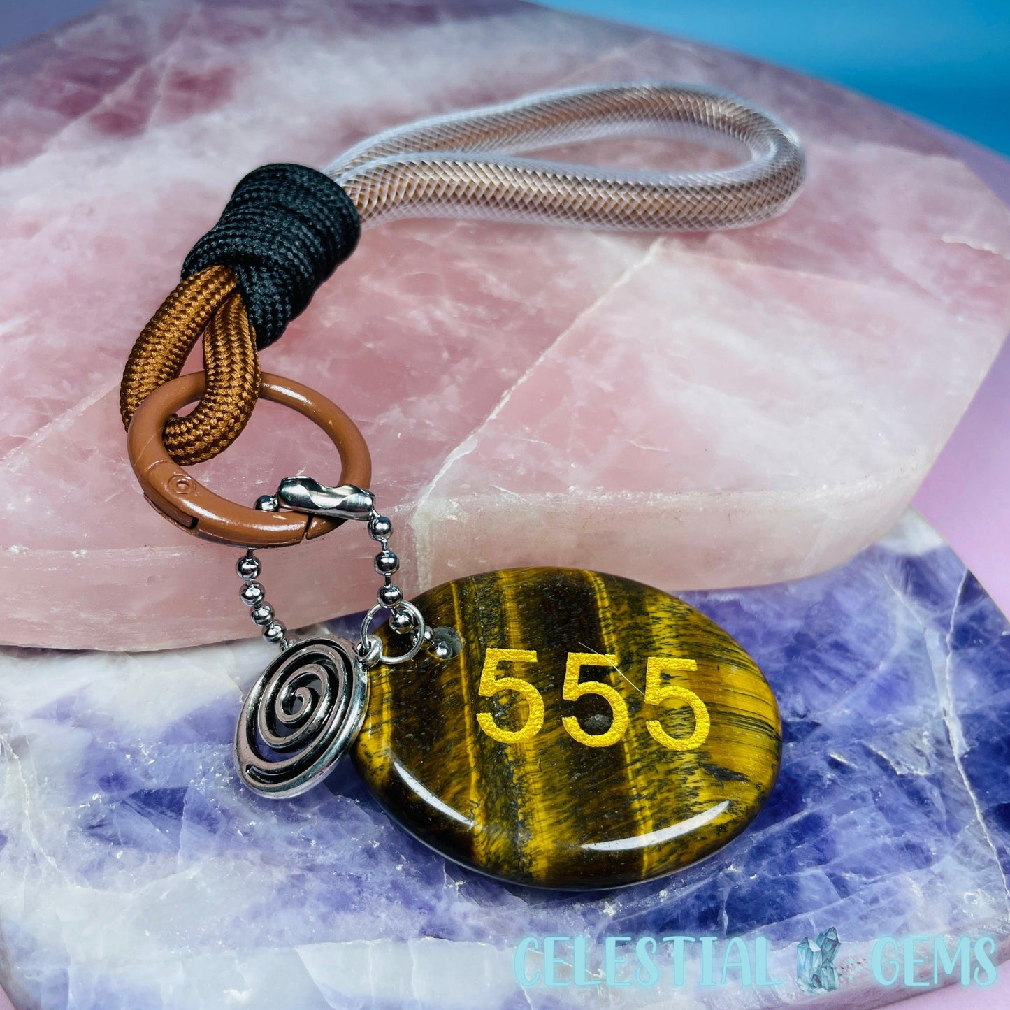 Tigers Eye '555' Angel Number Crystal Keyring