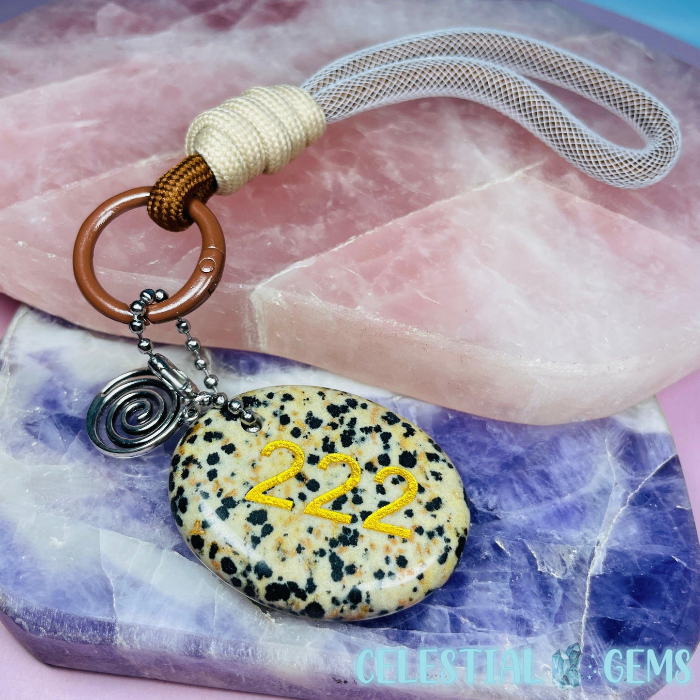 Dalmatian Jasper '222' Angel Number Crystal Keyring