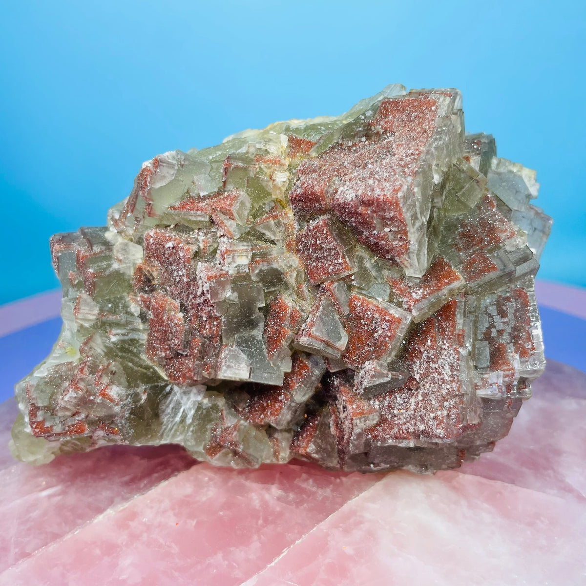 Green Fluorite Cubic Cluster Specimen with Red Druzy Quartz Coating