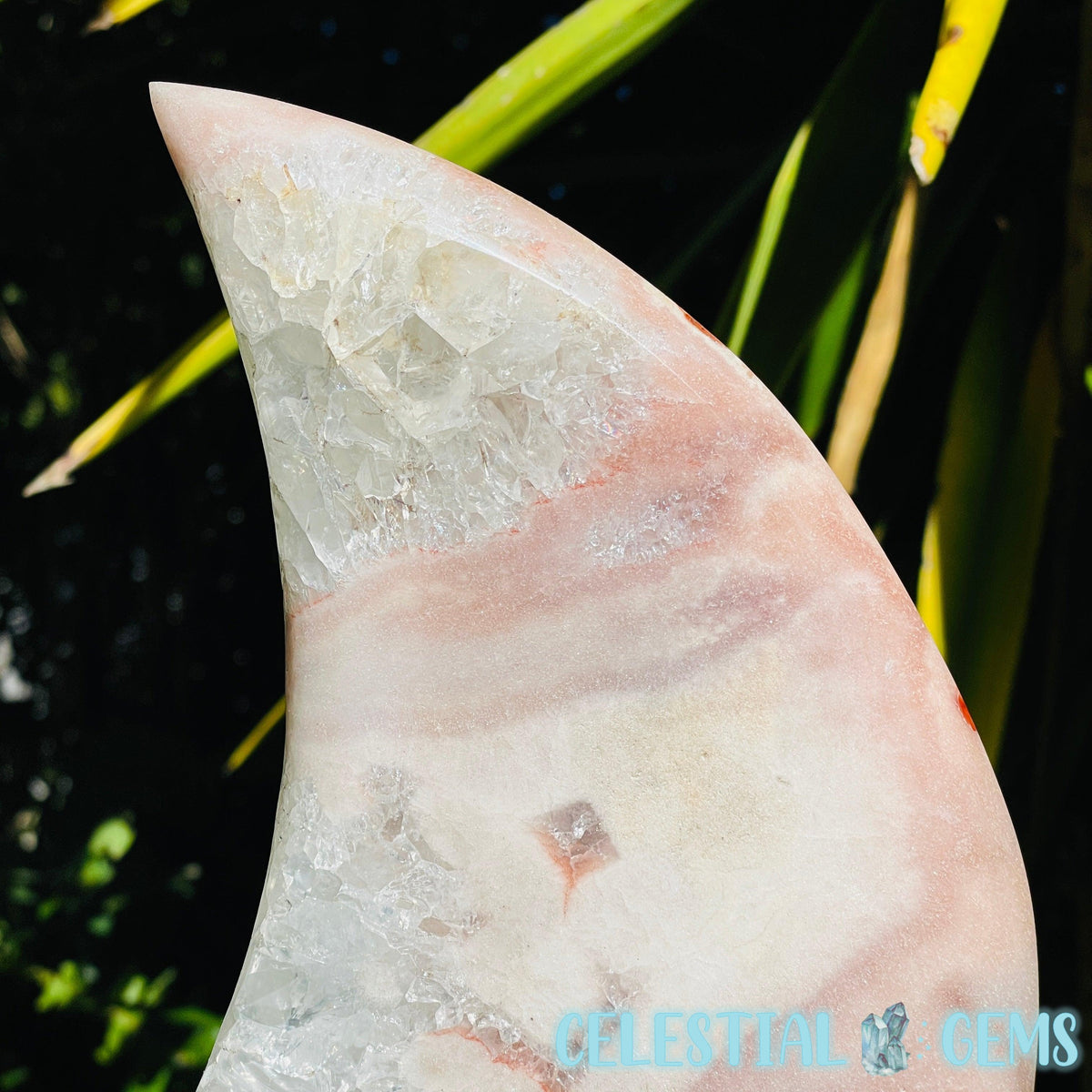 Pink Amethyst + Quartz XL Crescent Moon Carving on Stand