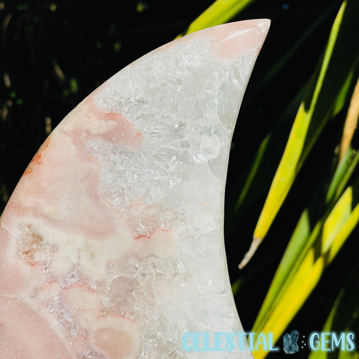 Pink Amethyst + Quartz XL Crescent Moon Carving on Stand