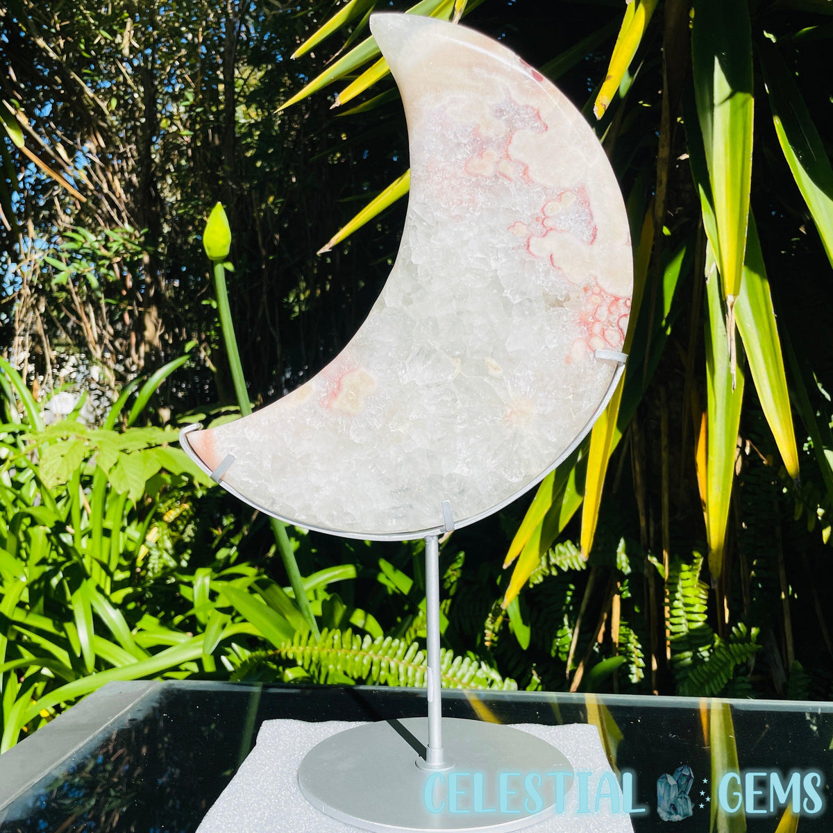 Pink Amethyst + Quartz XL Crescent Moon Carving on Stand