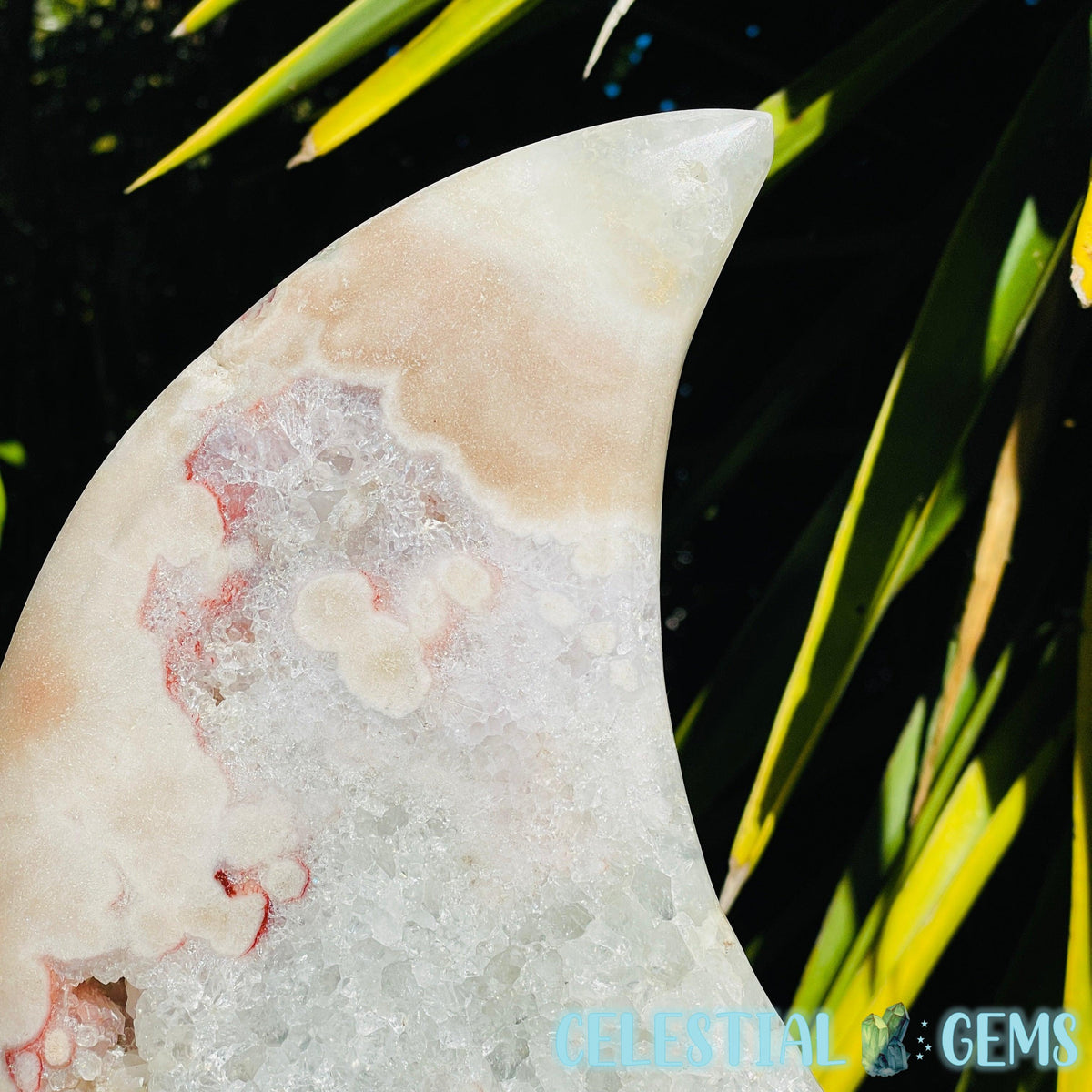 Pink Amethyst + Quartz XL Crescent Moon Carving on Stand
