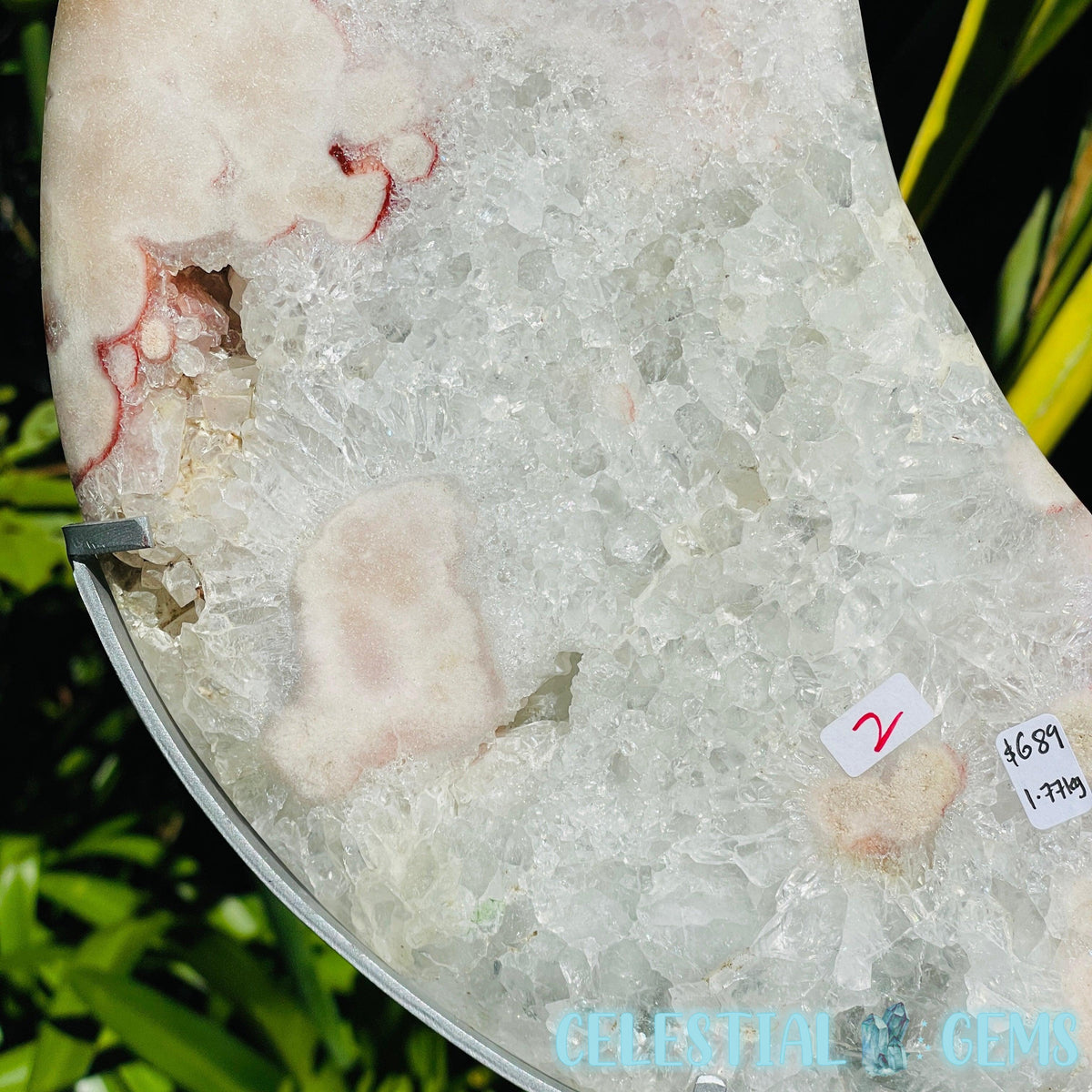 Pink Amethyst + Quartz XL Crescent Moon Carving on Stand
