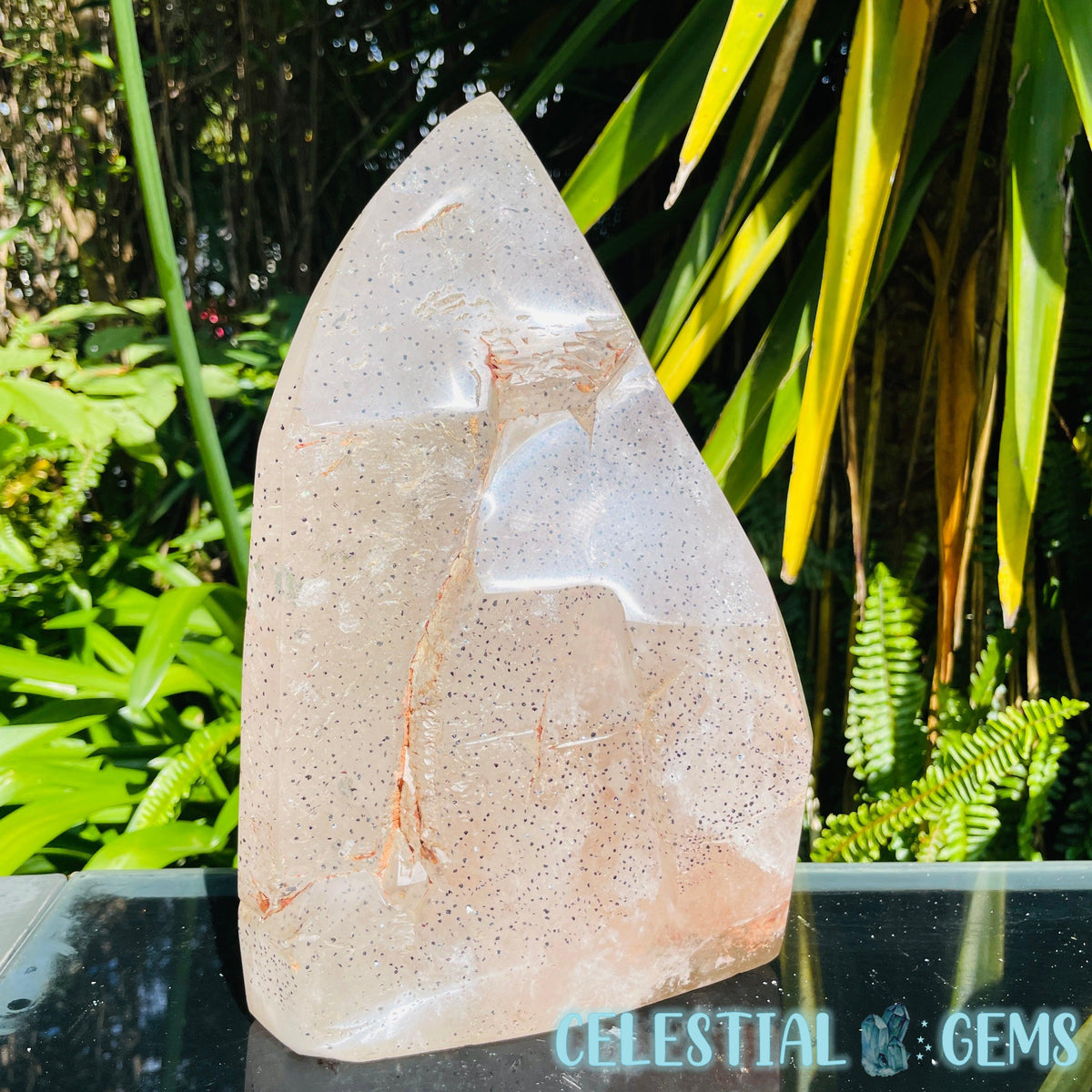 Rare Specular Hematite in Quartz XXL Semi-Polished Natural Point with Elestial Growth