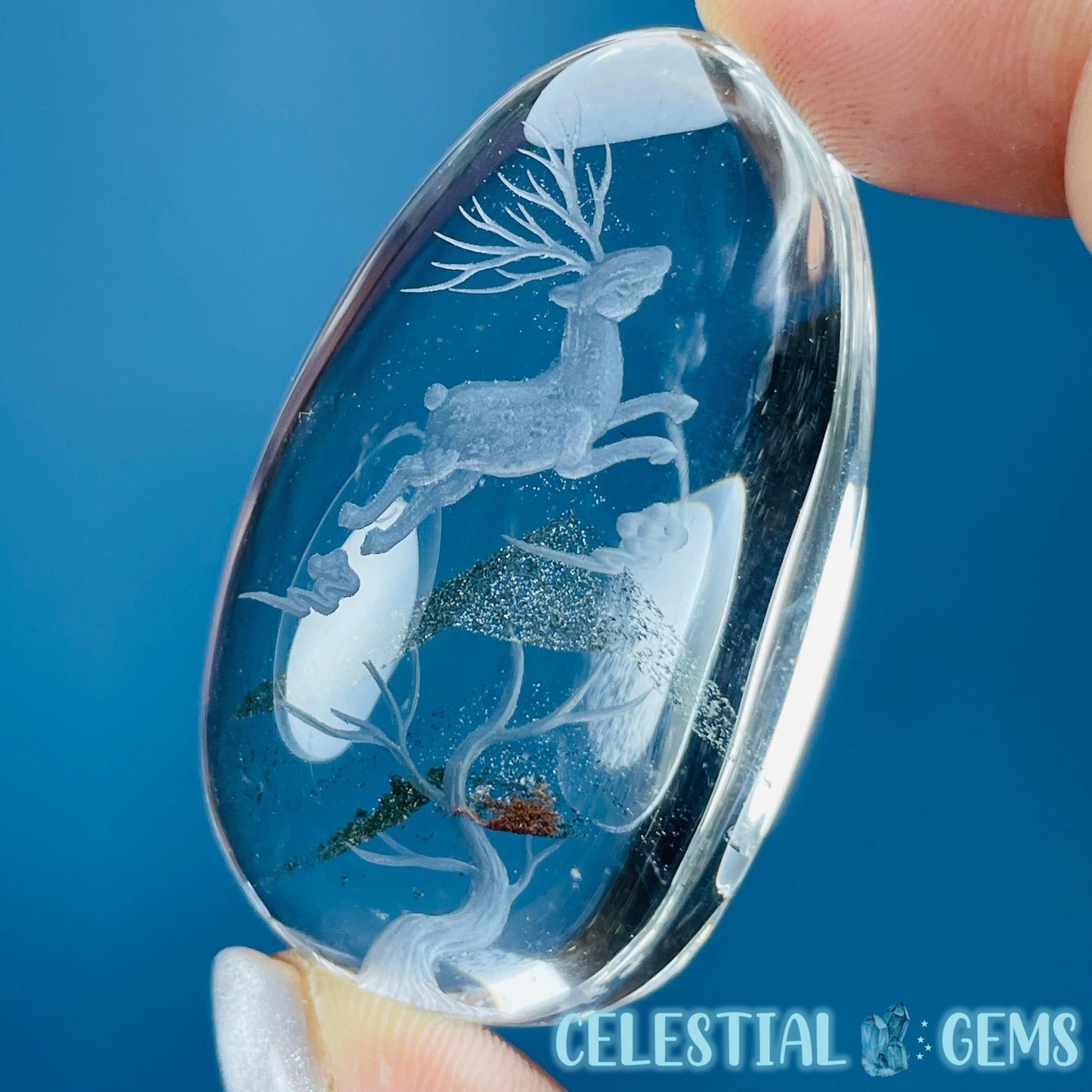 Phantom Garden Quartz Prancing Stag Deer + Tree Hand-Carved Intaglio Reverse Lens Carving (Video)