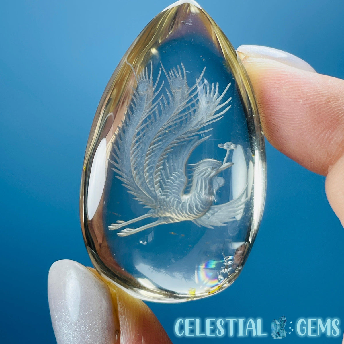 Citrine Flying Phoenix Hand-Carved Intaglio Reverse Lens Carving (Video)
