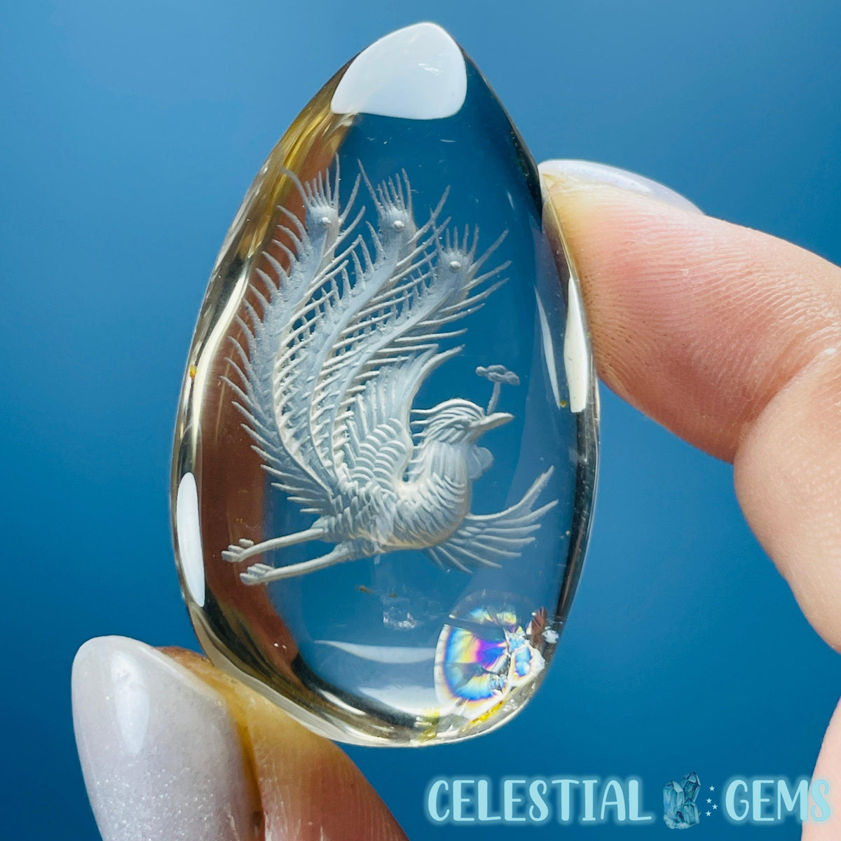 Citrine Flying Phoenix Hand-Carved Intaglio Reverse Lens Carving (Video)