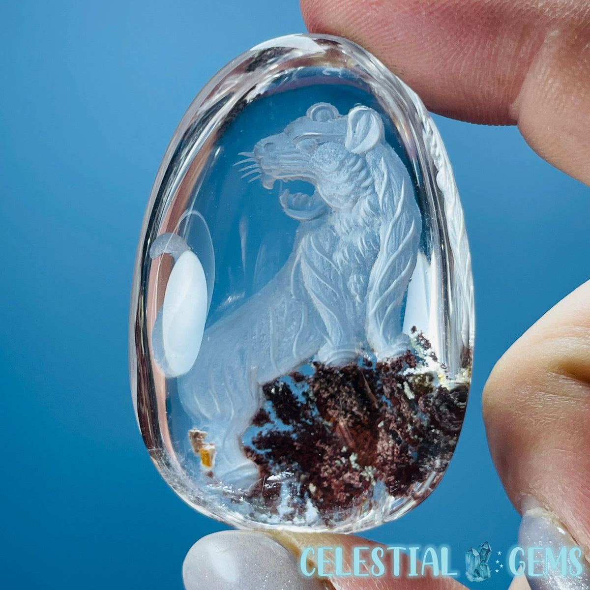 Garden Quartz Roaring Lion Hand-Carved Intaglio Reverse Lens Carving (Video)