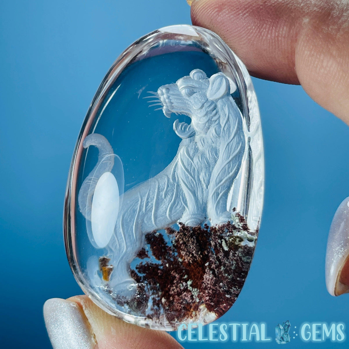 Garden Quartz Roaring Lion Hand-Carved Intaglio Reverse Lens Carving (Video)