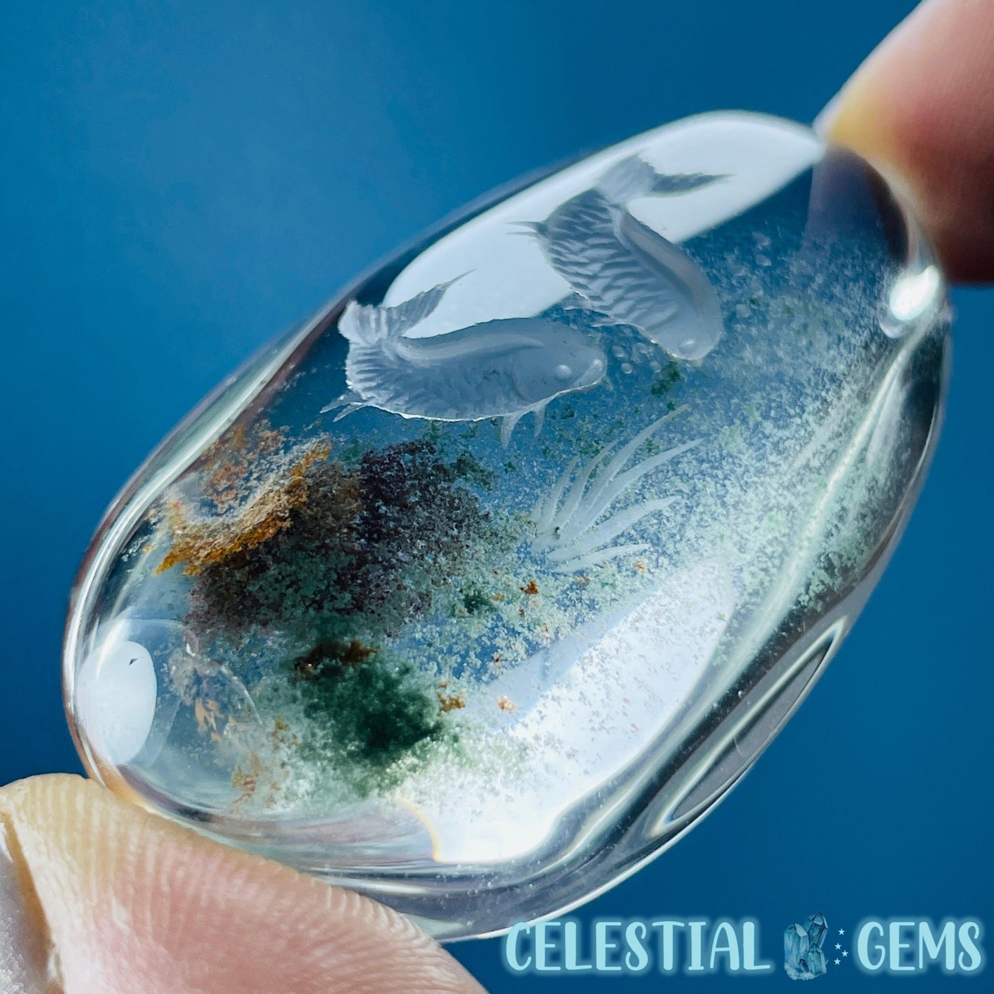 Phantom Garden Quartz Underwater Koi Carp Fish Hand-Carved Intaglio Reverse Lens Carving (Video)