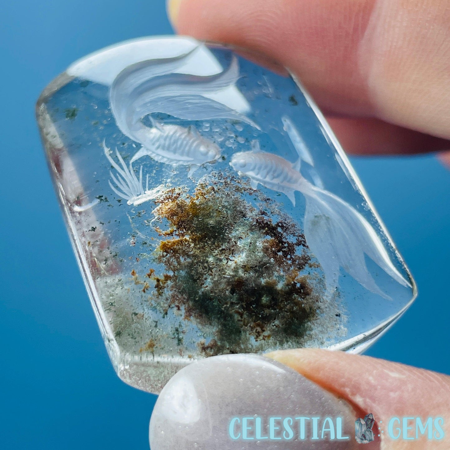 Garden Quartz Underwater Goldfish Hand-Carved Intaglio Reverse Lens Carving (Video)