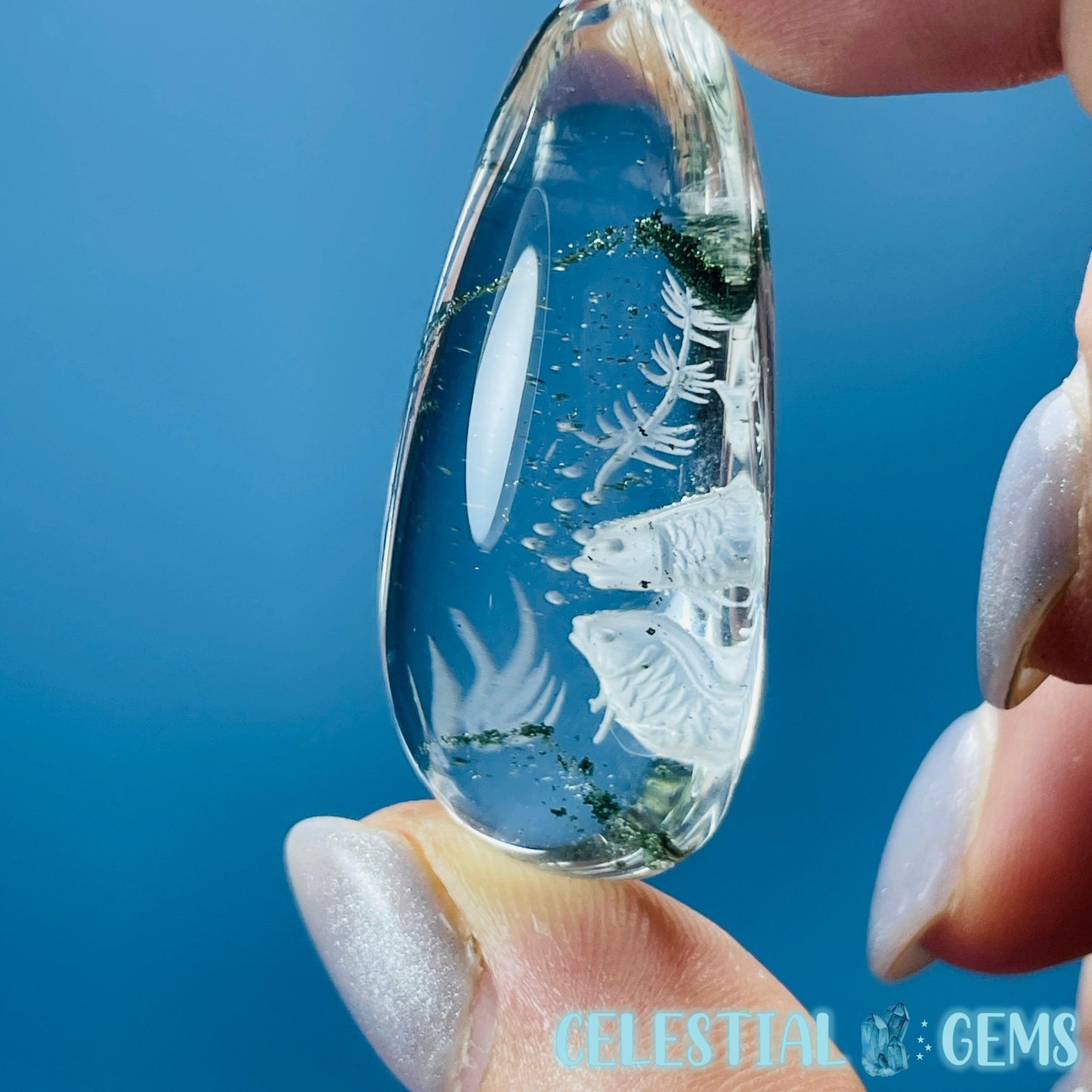 Phantom Garden Quartz Underwater Koi Fish Hand-Carved Intaglio Reverse Lens Carving (Video)