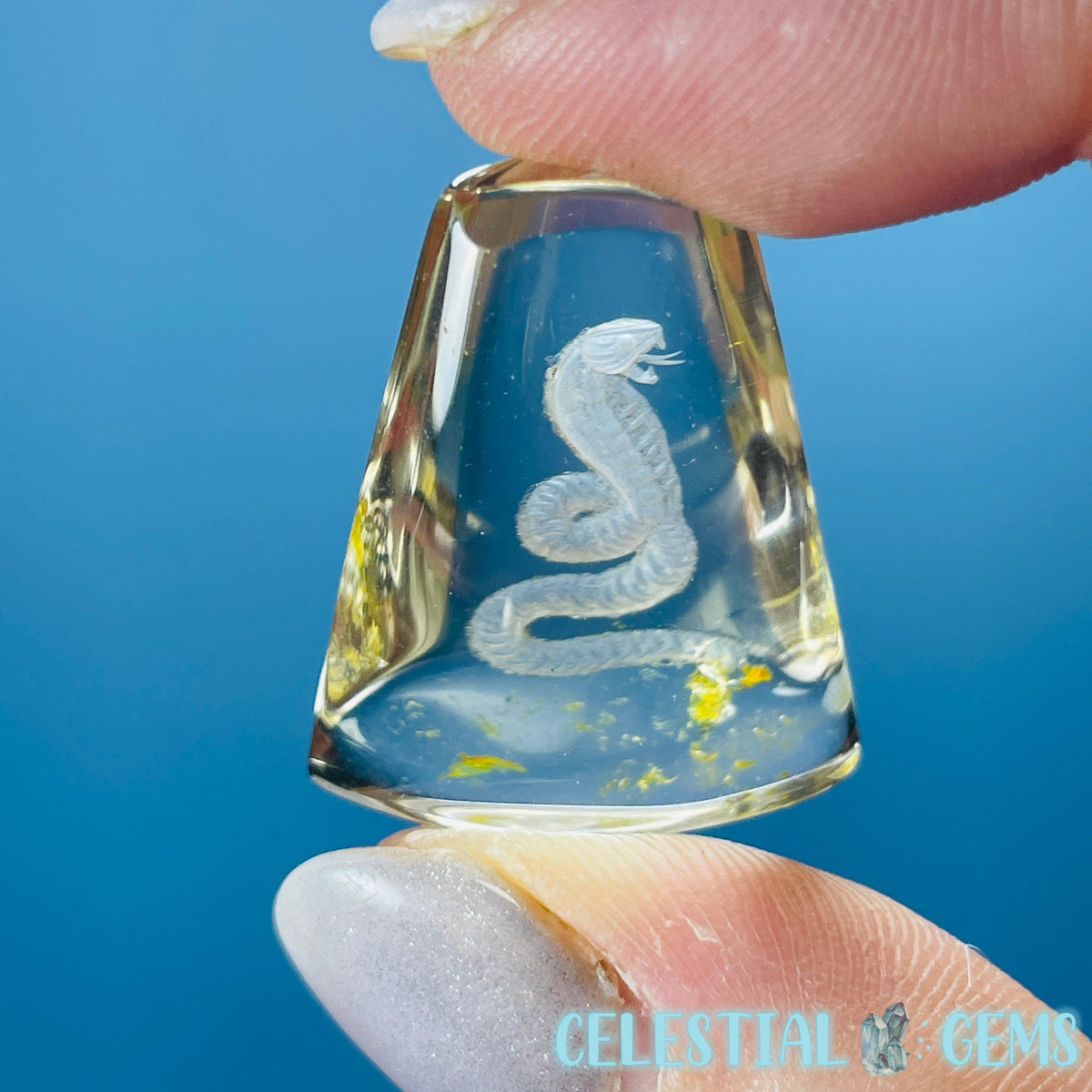 Citrine Garden Quartz Cobra Snake Hand-Carved Intaglio Reverse Lens Carving (Video)