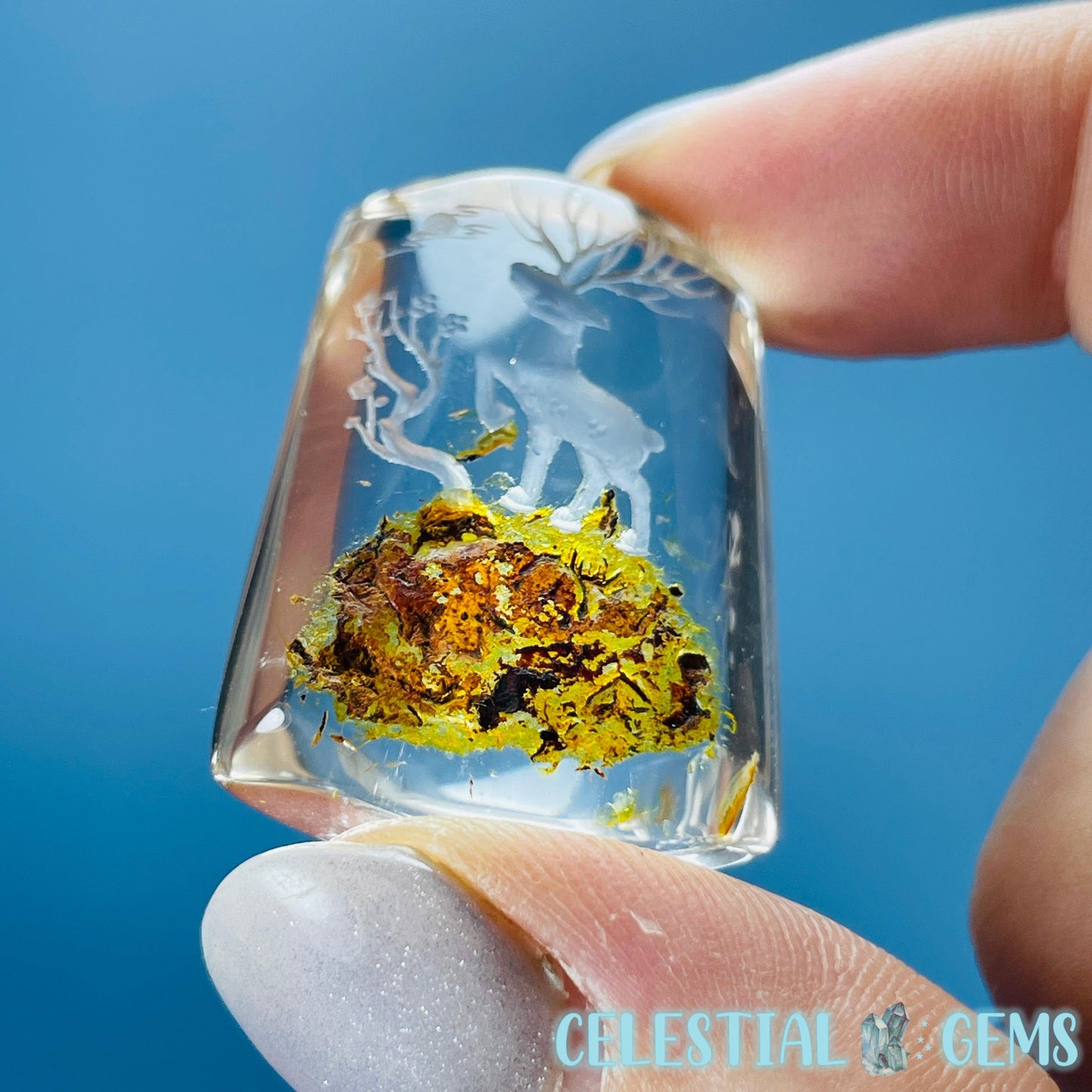 Garden Quartz Stag Deer + Tree Hand-Carved Intaglio Reverse Lens Carving (Video)