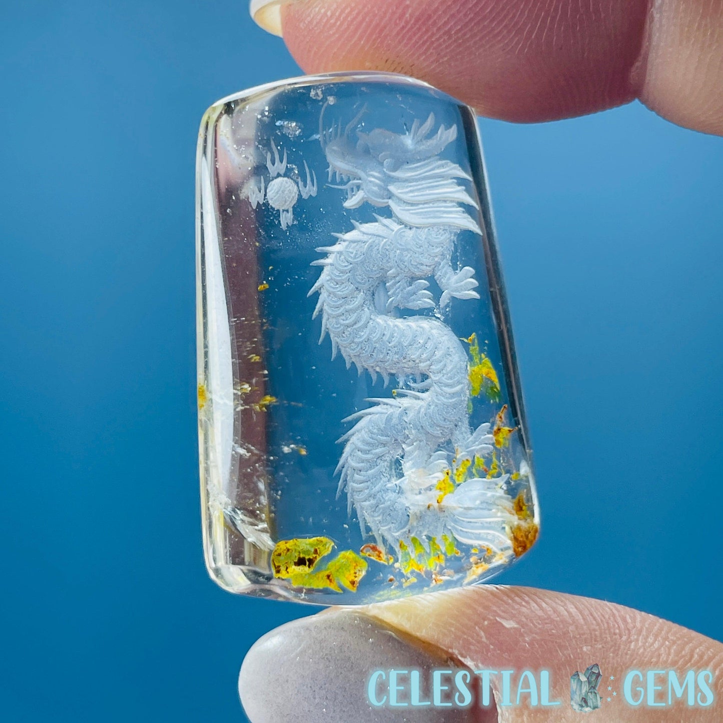 Garden Quartz Flying Chinese Dragon Hand-Carved Intaglio Reverse Lens Carving (Video)