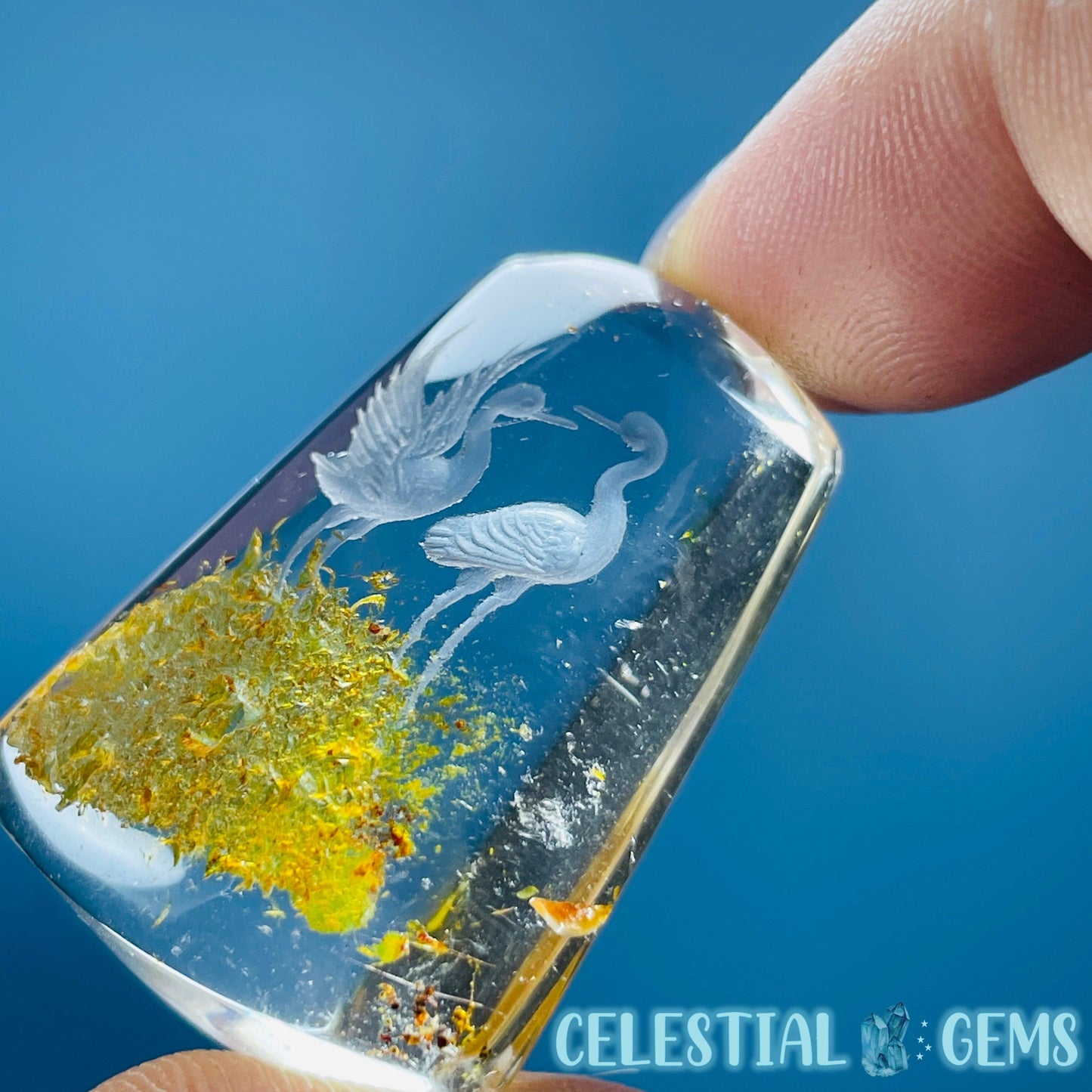 Garden Quartz Crane Lovebirds Hand-Carved Intaglio Reverse Lens Carving (Video)