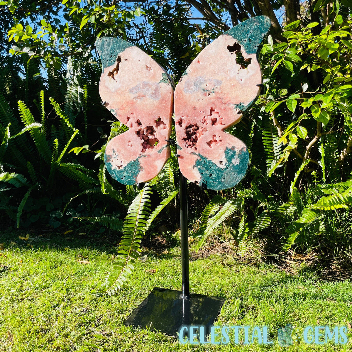 Pink Amethyst, Agate + Celadonite Butterfly Wings XXXL Carving on Metal Pedastal Stand (Video)