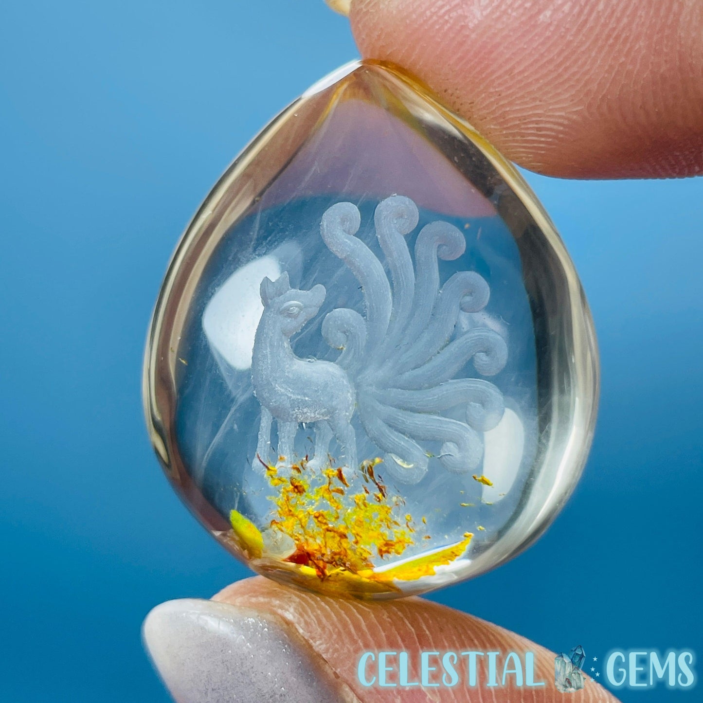 Blue Needle Phantom Garden Quartz Nine-Tailed Fox Hand-Carved Intaglio Reverse Lens Carving (Video)