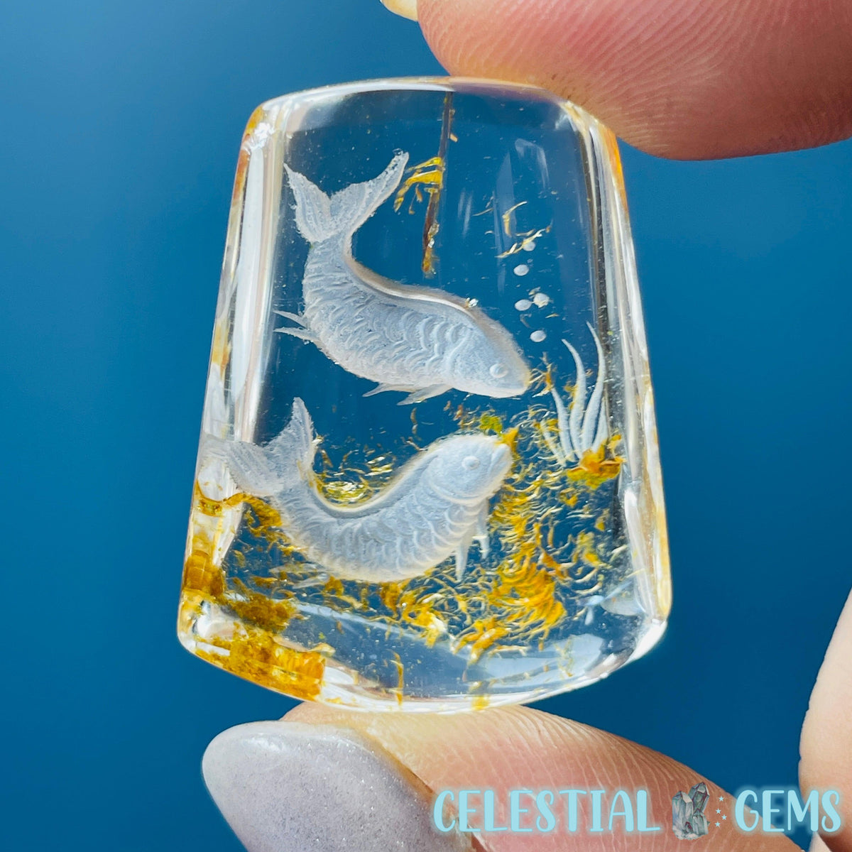 Garden Quartz Koi Carp Fish Hand-Carved Intaglio Reverse Lens Carving (Video)
