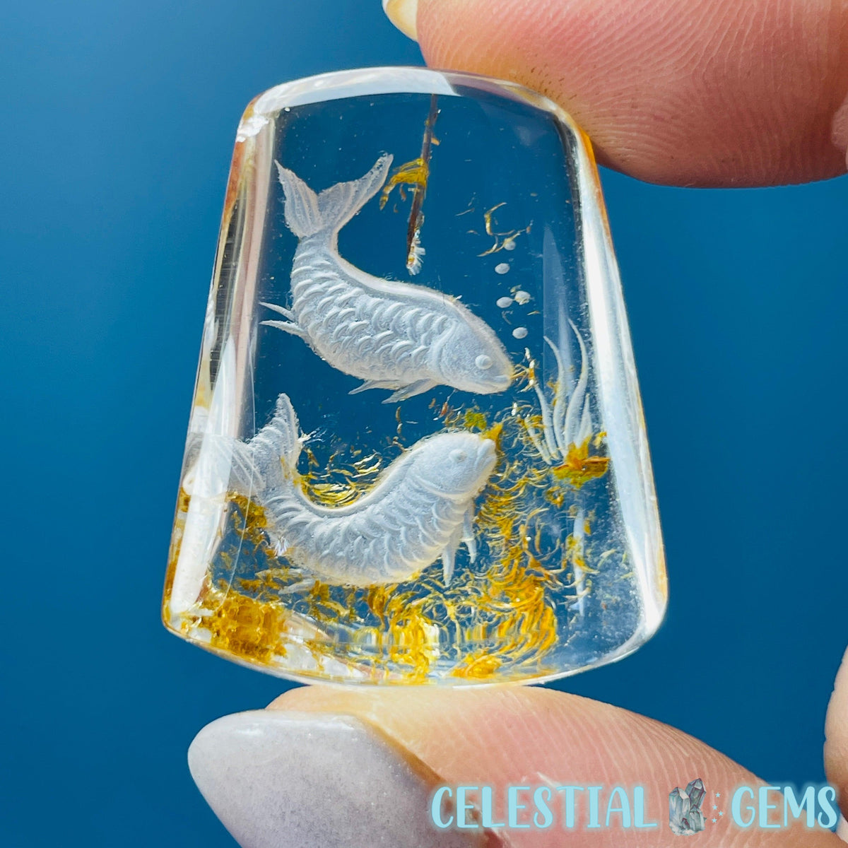 Garden Quartz Koi Carp Fish Hand-Carved Intaglio Reverse Lens Carving (Video)