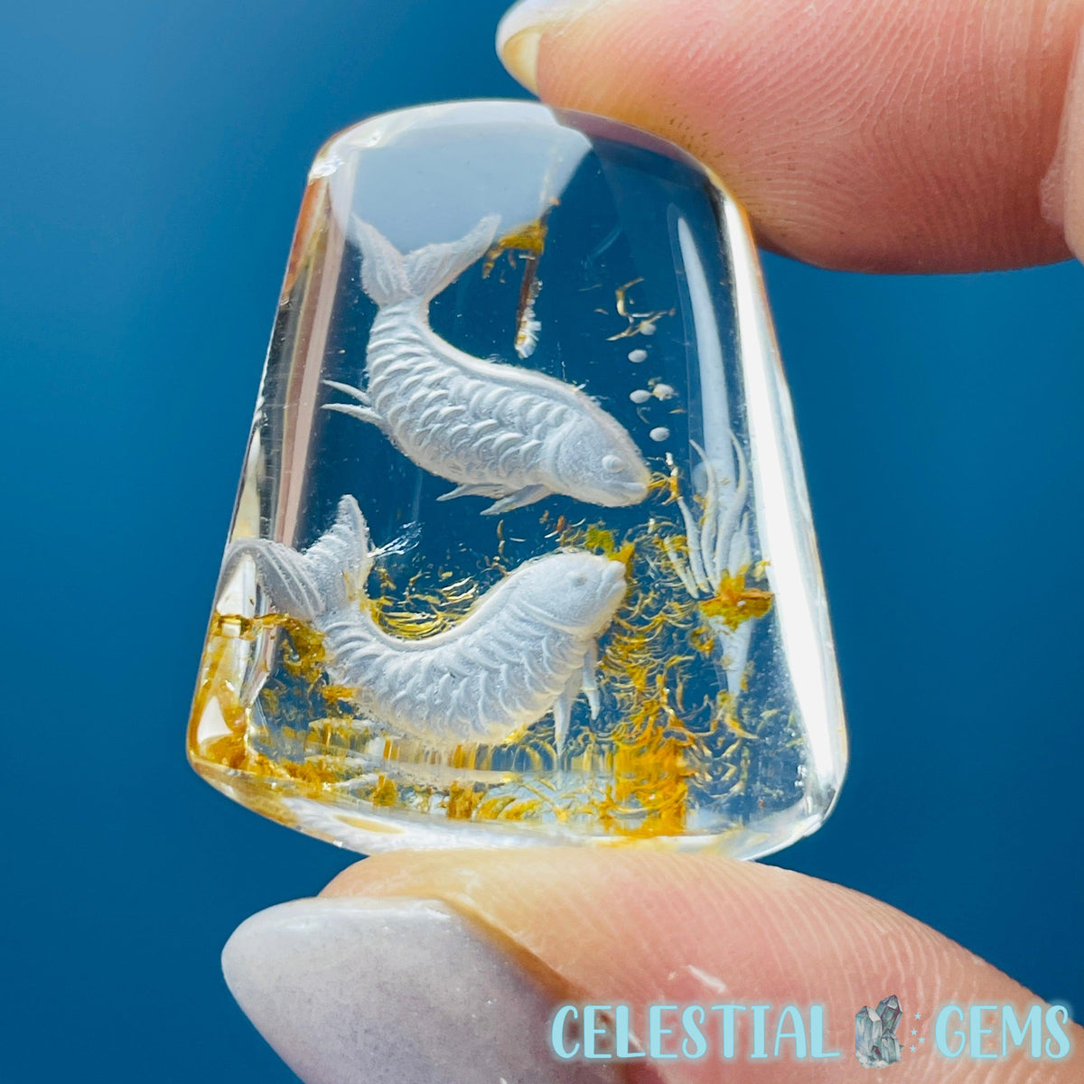Garden Quartz Koi Carp Fish Hand-Carved Intaglio Reverse Lens Carving (Video)