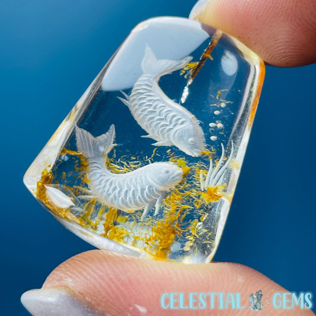 Garden Quartz Koi Carp Fish Hand-Carved Intaglio Reverse Lens Carving (Video)