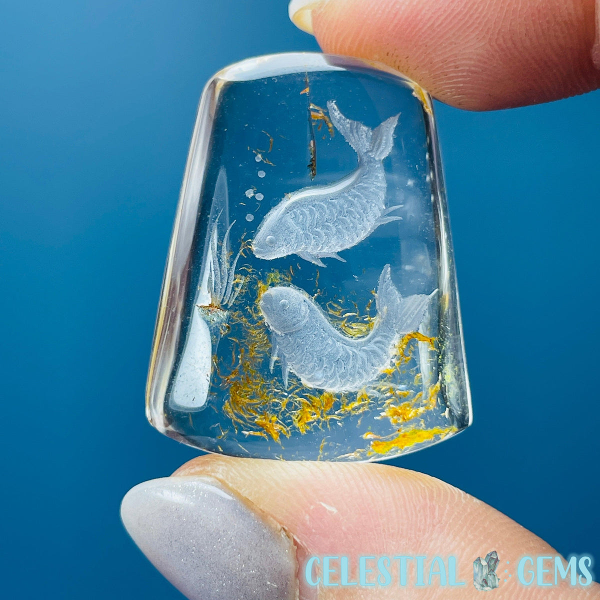 Garden Quartz Koi Carp Fish Hand-Carved Intaglio Reverse Lens Carving (Video)