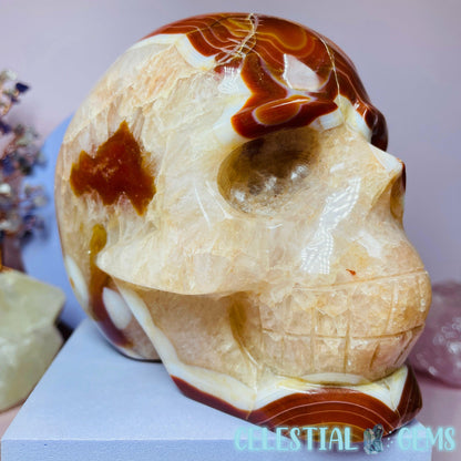 Crystalline Carnelian Agate Skull Large Carving (With Stitching!)
