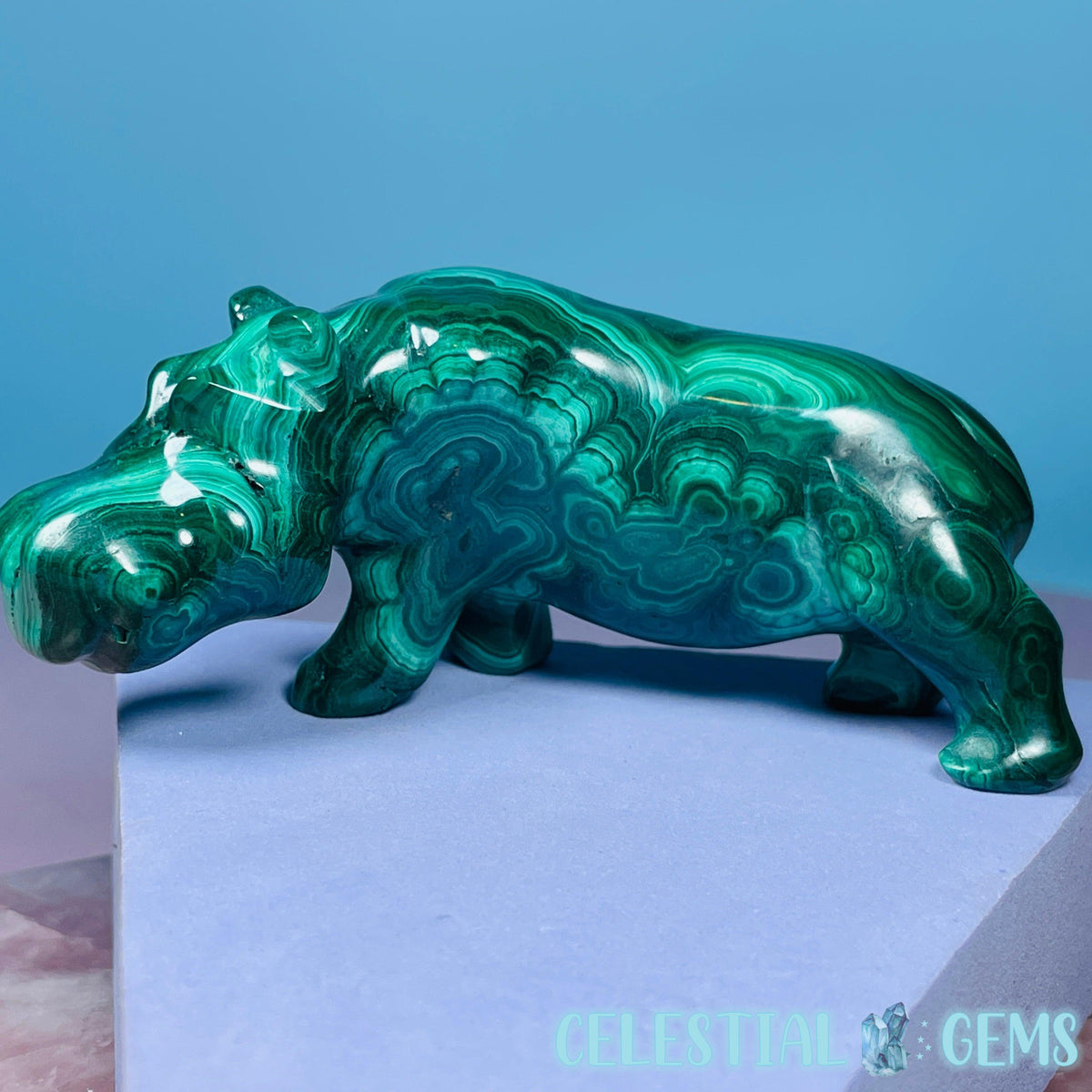 Malachite Hippopotamus Medium Carving