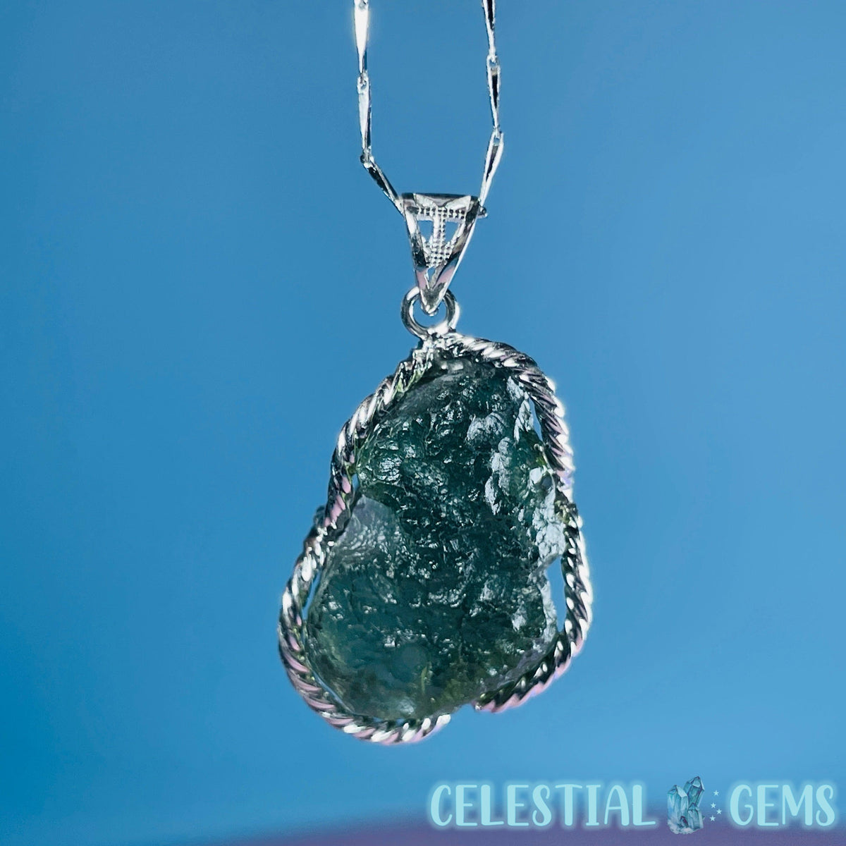 Genuine Moldavite Tektite + 925 Silver Necklace 7.9g