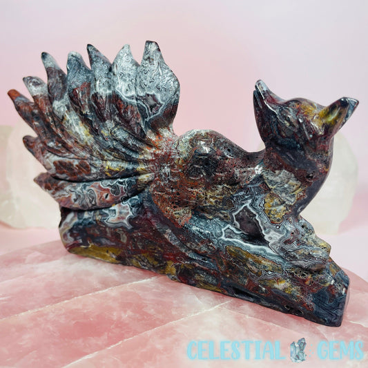 Mexican Crazy Lace Agate Nine-Tailed Fox Medium Carving B