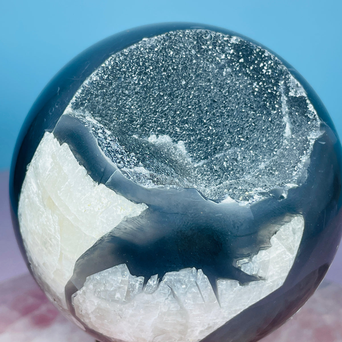Druzy Volcanic Agate + Mangano Calcite UV Large Sphere